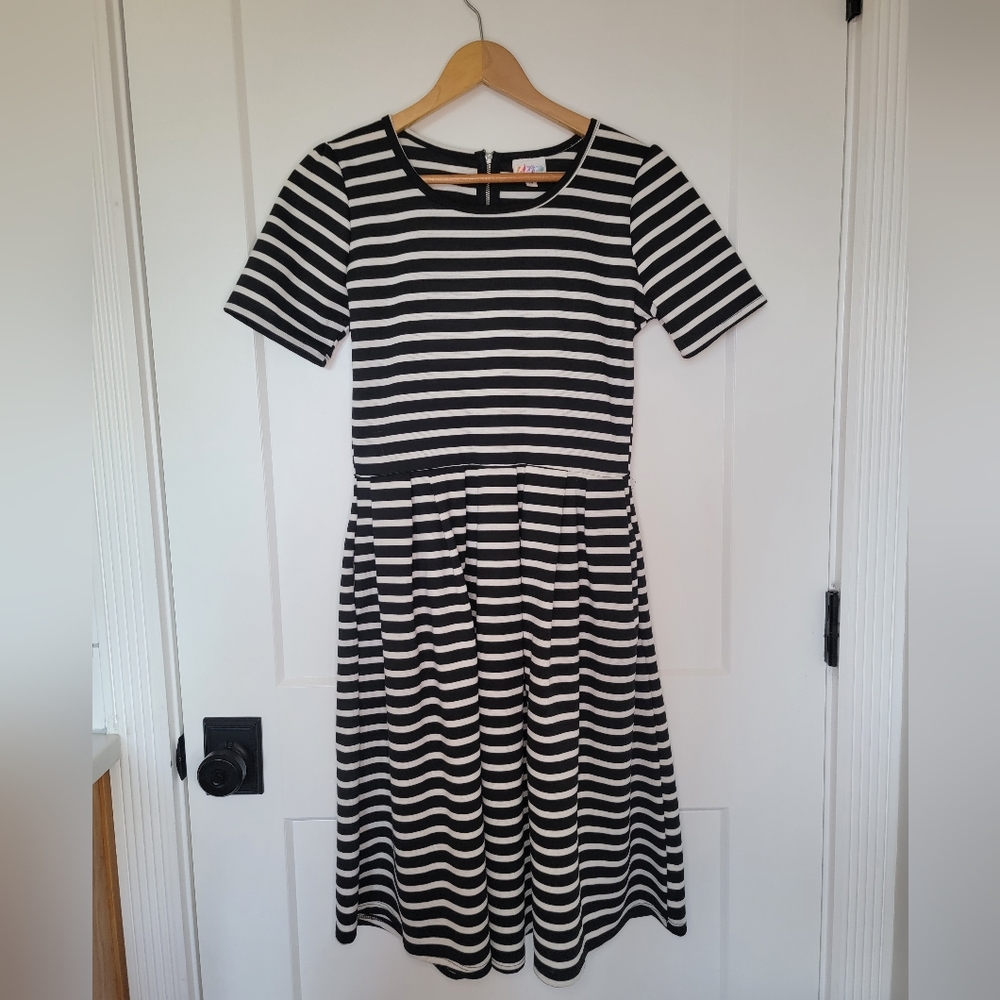 LuLaRoe Black and White Striped Midi Dress